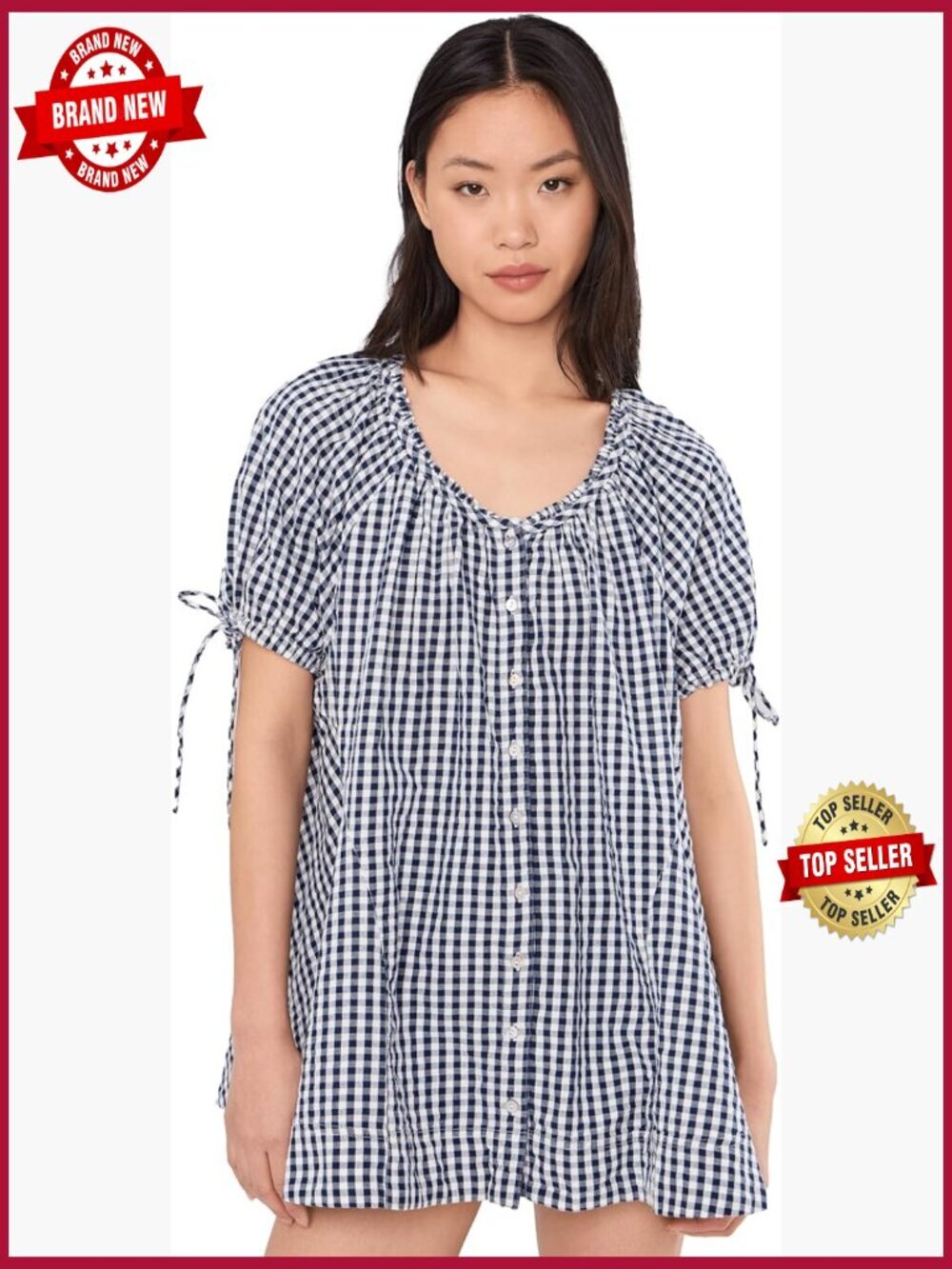 Gingham Tunic Top Button Front Short Sleeve Crew Neck Cotton Poplin